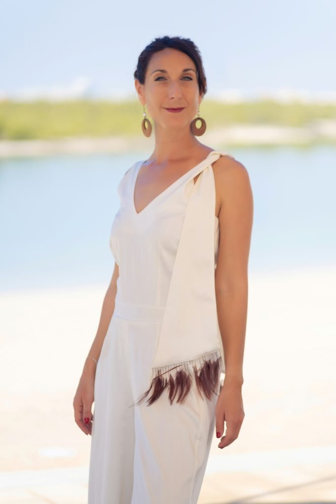 Combinaison Enea Maya soie blanche chic coktail soiree plumes ethique aymetrique