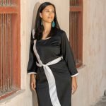 Robe Enea Amira bi colore noire blanc mi longue soie soiree chic formelle