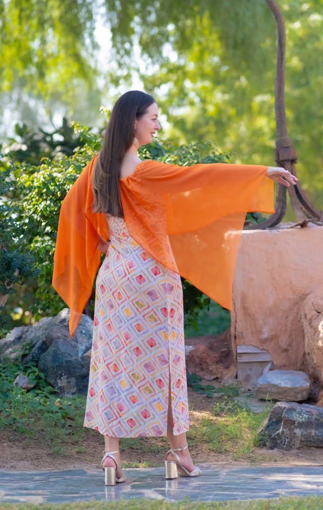 Robe Sabah voilage orange safran imprime motif coton mi long